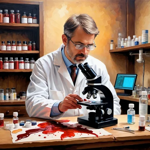 Prompt: Impressionism oil painting of a scientist observing blood samples under an 'HNB Laboratory' branded microscope, eco-friendly design, warm rustic tones, soft natural lighting, detailed lab equipment, serene atmosphere, professional technique, high quality, impressionism, scientific discovery, detailed brushstrokes, rustic color palette, laboratory setting, serene ambiance, warm lighting