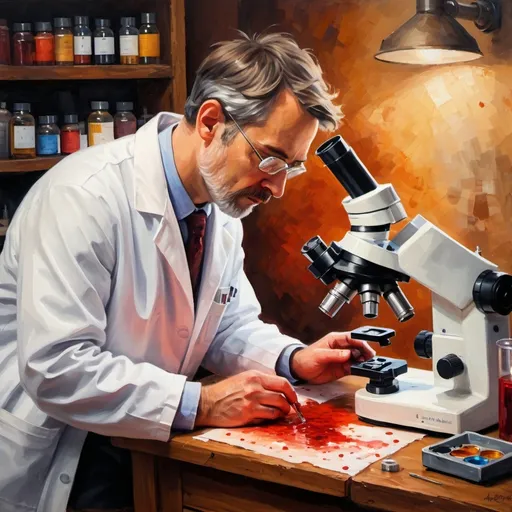 Prompt: Impressionism oil painting of a scientist observing blood samples under an 'HNB Laboratory' branded microscope, eco-friendly design, warm rustic tones, soft natural lighting, detailed lab equipment, serene atmosphere, professional technique, high quality, impressionism, scientific discovery, detailed brushstrokes, rustic color palette, laboratory setting, serene ambiance, warm lighting