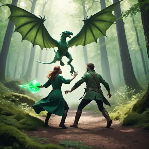 Prompt: shot from behind realistic image of a woman healer holding green potion run towards a man adventurer, the adventurer using sword jumping and striking a wyvern in the forest, dynamic pose