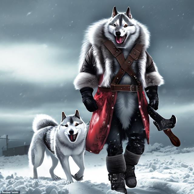 Prompt: angry huge white squirrel, wide leather harness, gun on the side,  battle axe on hand chest bandlier, cought in a polar storm, on a sled ,pulled by a dozen huskies in a dark and snowing condition

