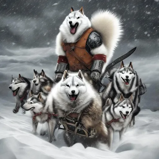 Prompt: angry huge white squirrel, wide leather harness, guns and battle axe, cought in a polar storm, on a sled ,pulled by a dozen huskies in a dark and snowing condition

