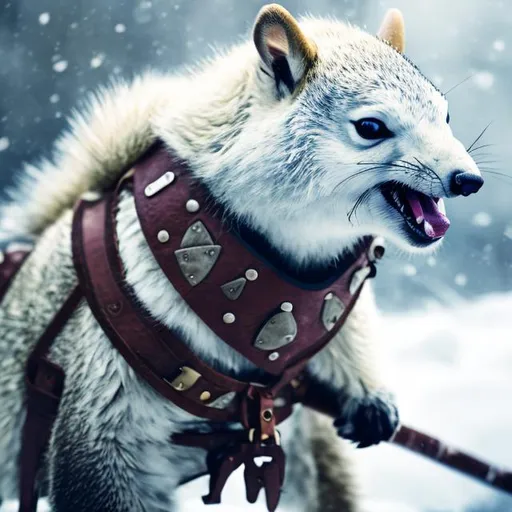 Prompt: Angry white squirrel in leather harness, battle axe in hand, gun on side, polar storm, sled pulled by huskies, dark and snowing, highres, detailed fur, epic, fantasy, intense expression, snowstorm, battle-ready, leather harness, polar setting, intense gaze, wintry scene, action-packed, dynamic lighting, pulling 6 polar bears
