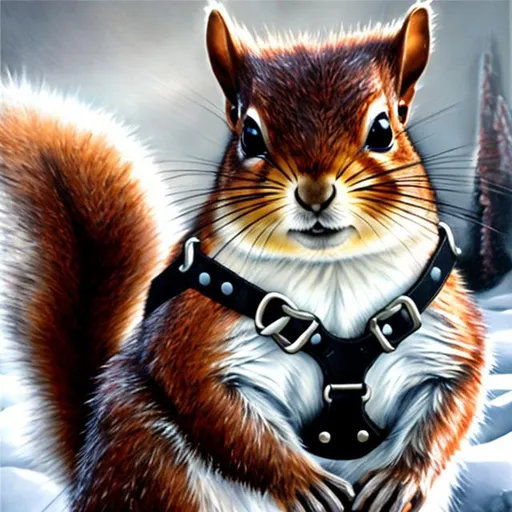 Prompt: Realistic oil painting of a squirrel in a leather harness, icy polar landscape, detailed fur with frost, intense and curious gaze, high quality, realistic, leather texture, polar ice, detailed fur, frosty landscape, professional, natural lighting
