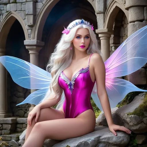 Prompt: Beautiful buxom Fairie princess with gossamer wings, age 18, intricate facial details, long white hair, blue-eyed, light makeup, fuscia lipstick, prominent cheekbones, pink silk bodysuit, buxom figure:2.0, sitting in a stone castle, 8K photo, realistic full body shot, detailed features, professional, warm lighting