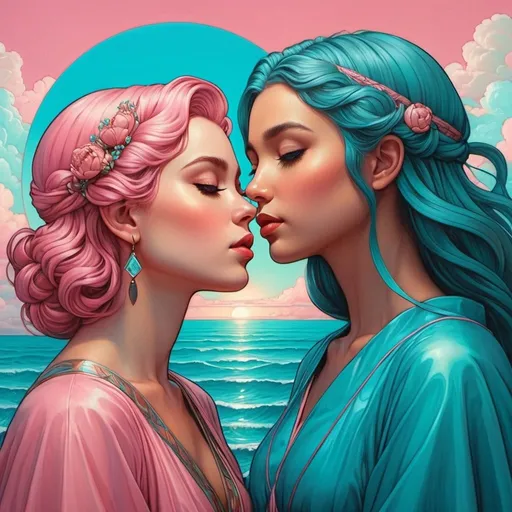 Prompt: muted pink sky and blue aqua sisyphean miracle minimalist emotionally impactful beauty in a surreal pop art style whispering in quirky fun casey weldon mucha davinci and guweiz illustration painting