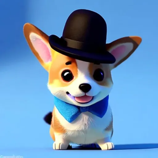 Prompt: A baby corgi in a hat and bowtie on chest, facing the camera, 3d, Pixar cartoon, cute, blue background