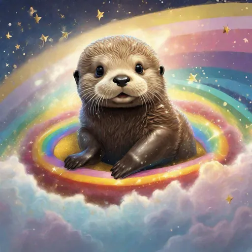 Prompt: Realistic comic art of an baby sea otter riding on top of a rainbow while farting golden glitter stars
