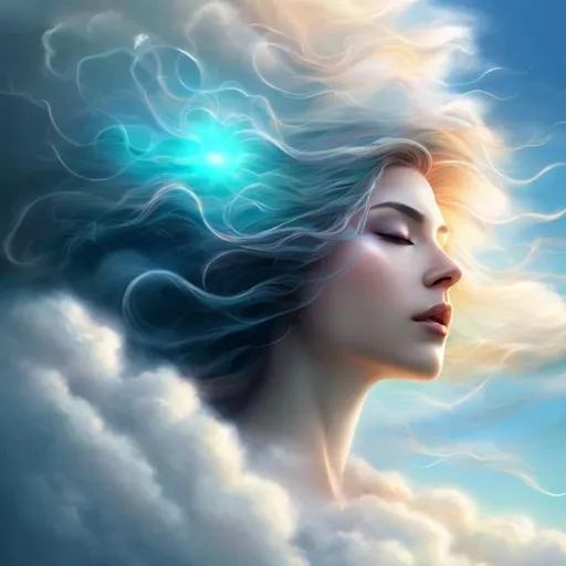 Prompt: Beautiful realistic air goddess, flowing hair clouds, serene, ethereal and divine, digital painting, heavenly aura, exerting power over everything, whole being is windy and clouds, closeup, fading colors