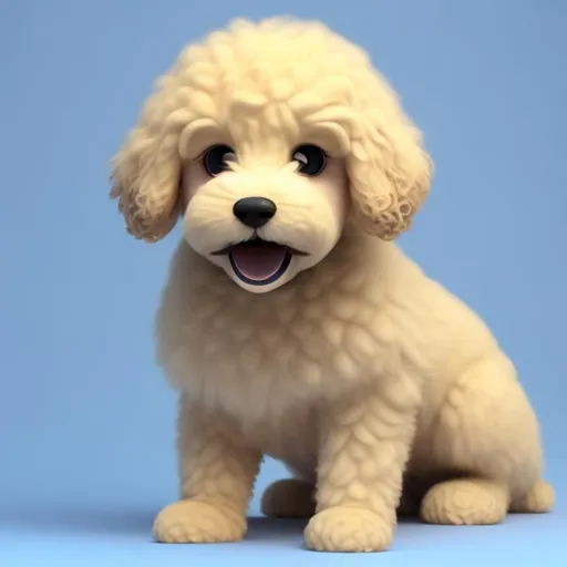 Prompt: a 3d render of kawaii yellow Goldendoodle on a clean blue background, tongue out, adorable, front view, fluffy