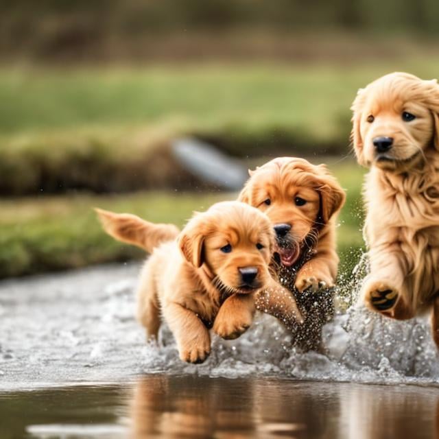 Prompt: red and blond golden retriever puppies frolicking along a stream