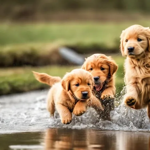 Prompt: red and blond golden retriever puppies frolicking along a stream