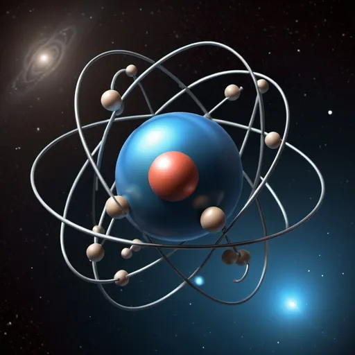 Prompt: Conceptual illustration of the atom, ball model, floating in space, high quality, realistic, scientific, space, atom model, cosmic background, detailed structure, scientific illustration, detailed shading, scientific accuracy, dark space background, highres, ultra-detailed, realistic, cosmic, scientific