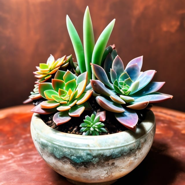 Prompt: Jade pot with colorful succulents, very well polished, slightly cracked