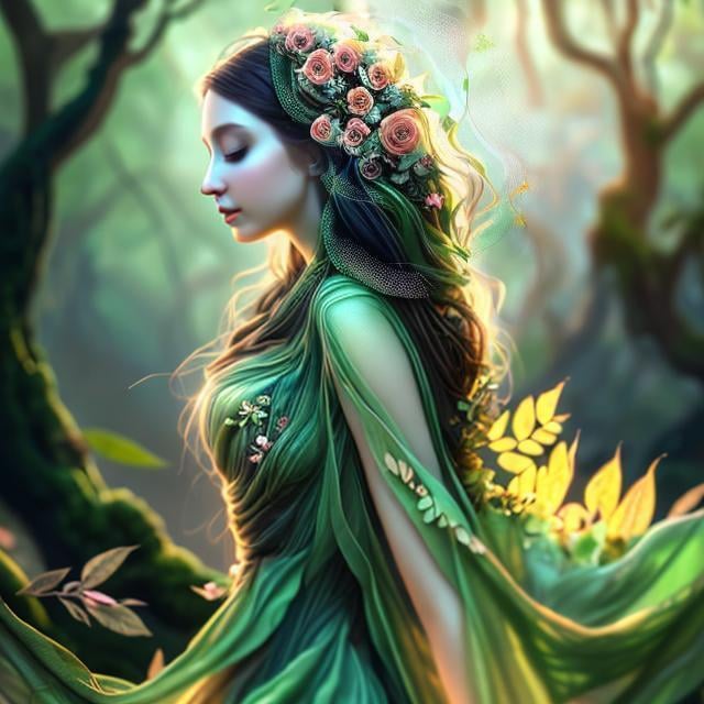 Prompt: Beautiful nature goddess, long flowing hair, digital painting, flowing gown made of leaves and flowers, radiant aura, lush greenery, serene expression, mystical ethereal vibe, high quality, digital painting, flowing gown, radiant, ethereal, lush greenery, serene, highres, mystical, serene lighting