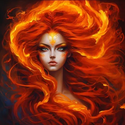 Prompt: Beautiful fire goddess, oil painting, flowing fiery hair, radiant golden eyes, billowing flames, ethereal presence, high quality, vibrant colors, fiery art style, warm tones, dramatic lighting