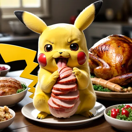 Prompt: A png of a pikachu stuffing his face with turkey, with "FOOOOD!!!" under it in big letters