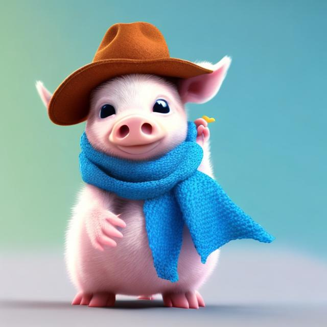 Prompt: Adorable baby pig in a hat and scarf, facing the camera, 3d, Pixar cartoon, cute, blue background