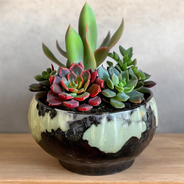 Prompt: onyx pot with red and green succulents, detailed, realistic, rich green tones, highly polished, slightly cracked