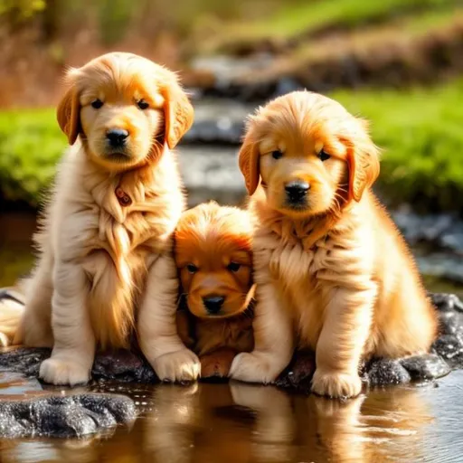 Prompt: red and blond golden retriever puppies along a stream