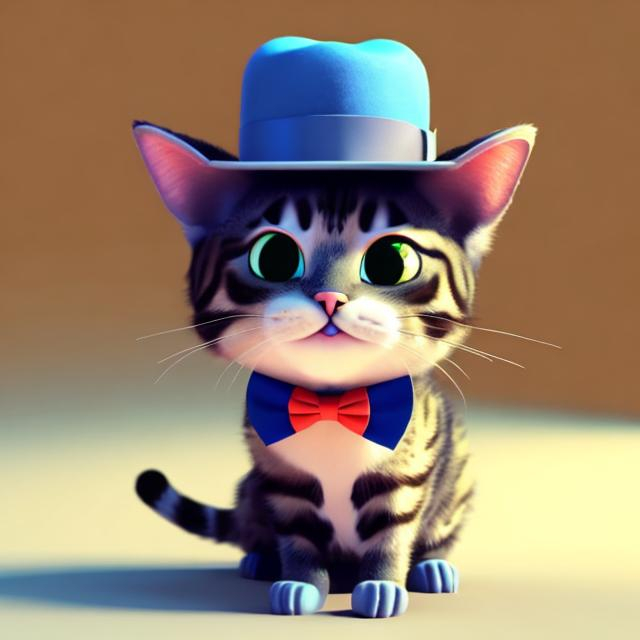 Prompt: A cat with a hat and bowtie, Pixar cartoon, 3d, cute, blue background, side lighting