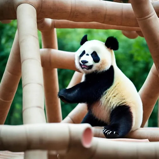 Prompt: Picture of a baby giant panda playing on a human-built play structure, realistic, cute, photography