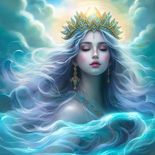 Prompt: Water goddess, beautiful, perfect face, ethereal and divine, flowing translucent gown, floating among the clouds, majestic and serene, high quality, digital painting, heavenly aura, soft pastel colors, radiant lighting, detailed facial features, flowing hair, elegant and graceful, spiritual, celestial, divine beauty, peaceful and tranquil, goddess-like, atmospheric lighting