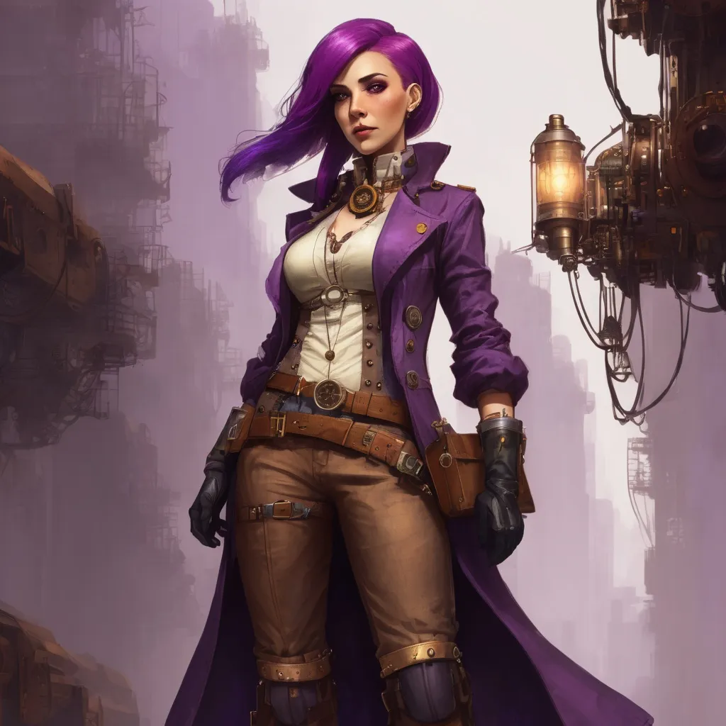 Prompt: Female steampunk artificer with purple hair and a brown trenchcoat 

