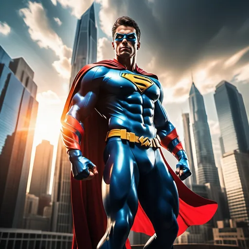 Prompt: (male superhero), powerful pose, wearing a sleek, vibrant costume with flowing cape, dynamic lighting highlighting muscular construction, in an action-packed urban setting, tall skyscrapers in the background, dynamic clouds overhead, dramatic sun rays piercing through, showcasing determination and strength, cinematic depth, ultra-detailed, high resolution, energetic atmosphere, conveying bravery and heroism.