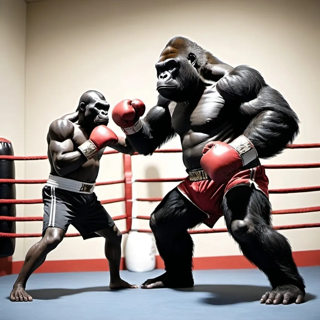 Prompt: Boxing gorilla in a figth versus human boxer