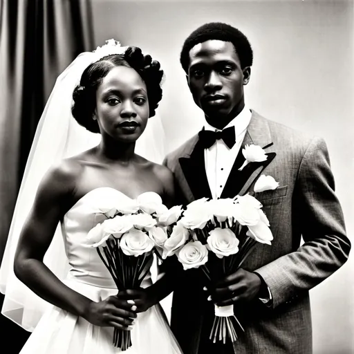 Prompt: a man and woman in wedding attire standing next to each other with a bouquet of flowers in their hands, Chinwe Chukwuogo-Roy, harlem renaissance, future, a photocopy