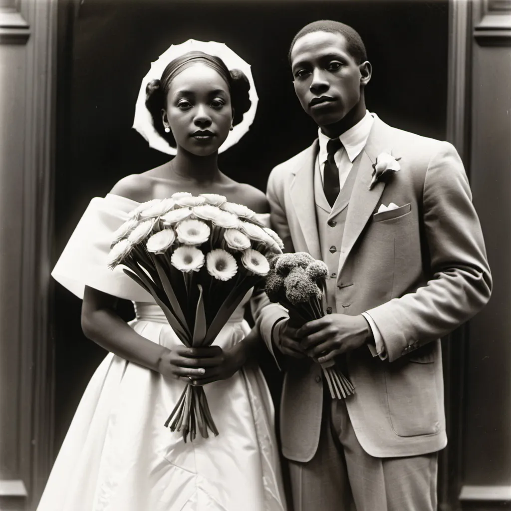 Prompt: a man and woman in wedding attire standing next to each other with a bouquet of flowers in their hands, Chinwe Chukwuogo-Roy, harlem renaissance, future, a photocopy