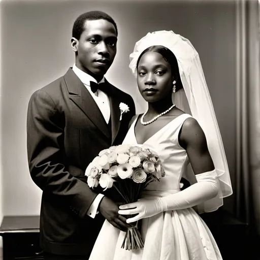 Prompt: a man and woman in wedding attire standing next to each other with a bouquet of flowers in their hands, Chinwe Chukwuogo-Roy, harlem renaissance, future, a photocopy