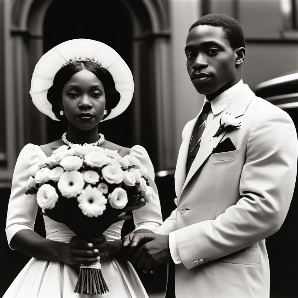 Prompt: a man and woman in wedding attire standing next to each other with a bouquet of flowers in their hands, Chinwe Chukwuogo-Roy, harlem renaissance, future, a photocopy