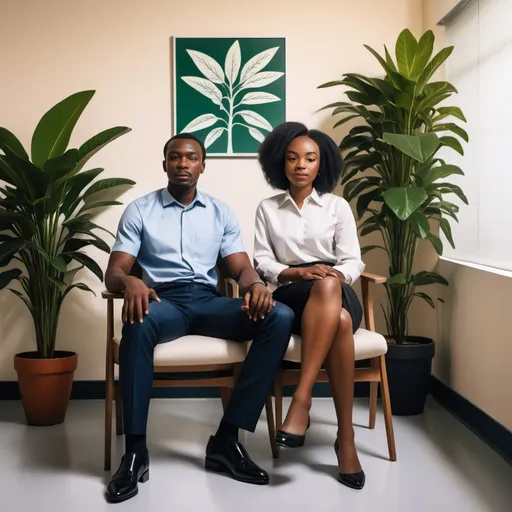 Prompt: a man and woman sitting on a chair together in a room with a plant in the corner of the room, Chinwe Chukwuogo-Roy, precisionism, official media, a photocopy