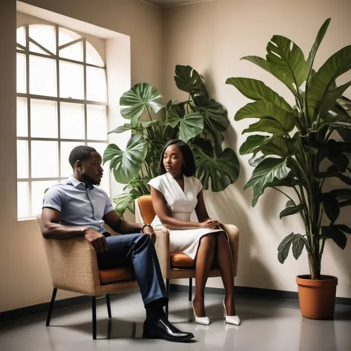 Prompt: a man and woman sitting on a chair together in a room with a plant in the corner of the room, Chinwe Chukwuogo-Roy, precisionism, official media, a photocopy