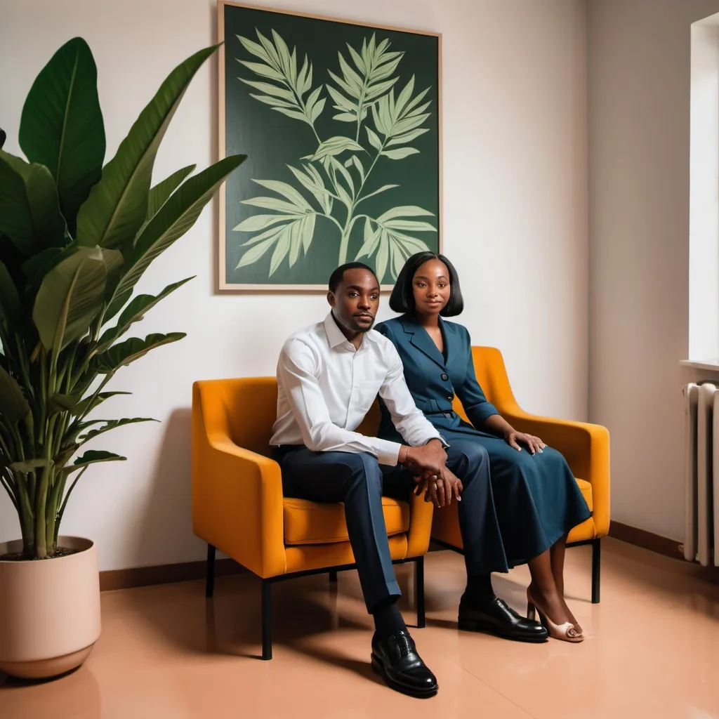 Prompt: a man and woman sitting on a chair together in a room with a plant in the corner of the room, Chinwe Chukwuogo-Roy, precisionism, official media, a photocopy