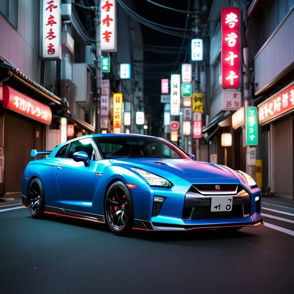 Prompt: A Nissan gt-r in neon lit Tokyo street at night, side view