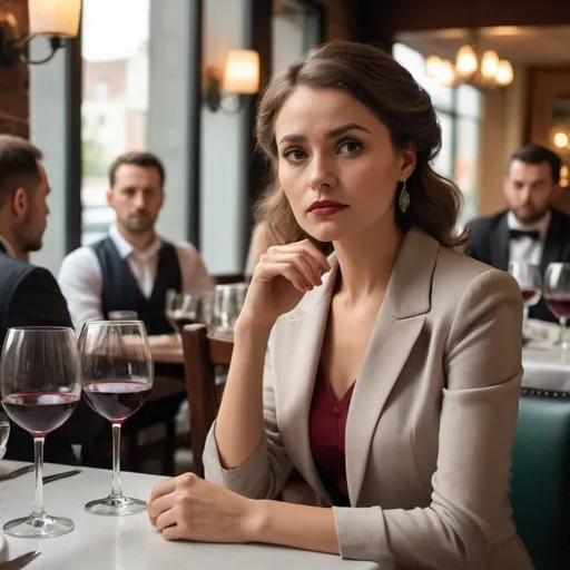 Prompt: A beautiful smartly dressed lady at an uptown restaurant on date sits expectantly. bottles of wine and glass cups on the table, she looks disappointed as her friend refuse to show up