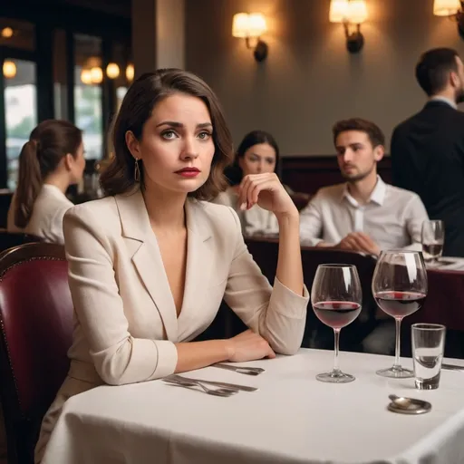 Prompt: A beautiful smartly dressed lady at an uptown restaurant on date sits expectantly. bottles of wine and glass cups on the table, she looks disappointed as her friend refuse to show up