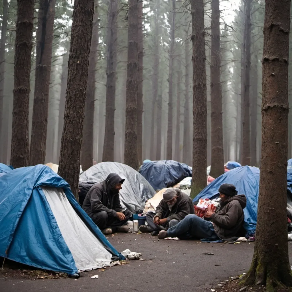 Prompt: homeless people living in a forest 
