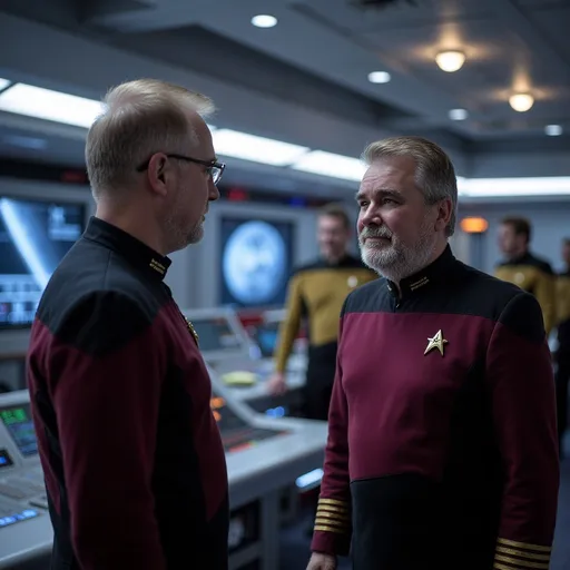 Prompt: @N1eJ7xGjKyabCOhWGAf4 is on the bridge of the enterprise d in commander uniform, with lt Com Data