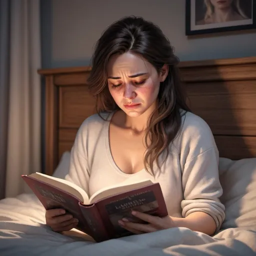 Prompt: create a woman in a realistic way. she is about 30 years old and she is  reading a book on her bed and crying. she is a strong woman but still gentle