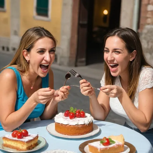 Prompt: two women, friends, happy eating italian cake
