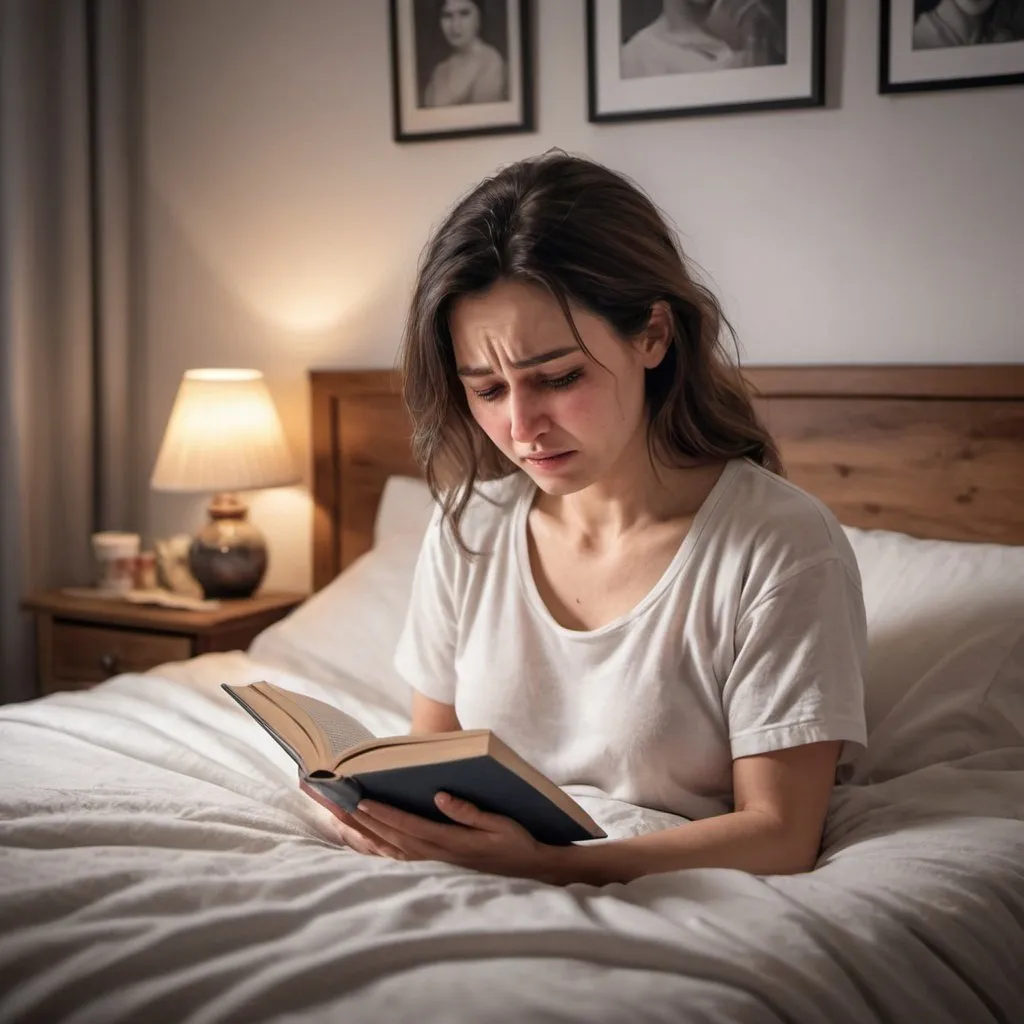 Prompt: create a woman in a realistic way. she is about 30 years old and she is  reading a book on her bed and crying. she is a strong woman but still gentle