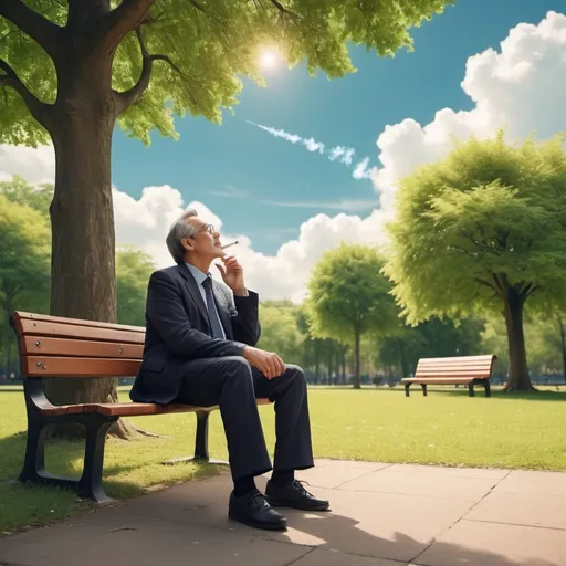 Prompt: A middle aged man in office wear sitting in a park with a bunch of different age groups engaging in activities. The man has a cigarette in his hand and he is looking up in the sky