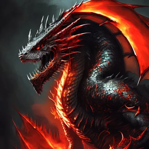 Prompt: Menacing black dragon, fiery orange and red tones, dark and ominous atmosphere, detailed scales and sharp claws, high quality, digital painting, fantasy, fierce expression, menacing, intimidating, powerful presence, dragon, intense lighting