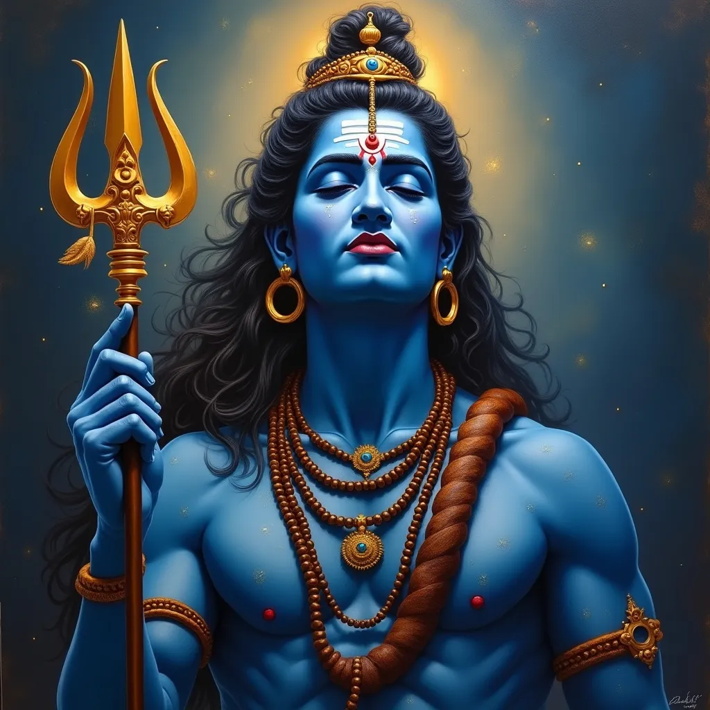Prompt: 
“A divine and serene depiction of Lord Shiva with blue skin, closed eyes, wearing rudraksha beads and a snake around his neck, holding a golden trident (Trishula), adorned with a crescent moon in his hair, and a glowing third eye on his forehead. Painted in oil painting style with dramatic lighting, detailed textures, and a cosmic, spiritual aura. Background dark with soft ethereal glow, rich colors, high realism and fine brushstroke textures.”