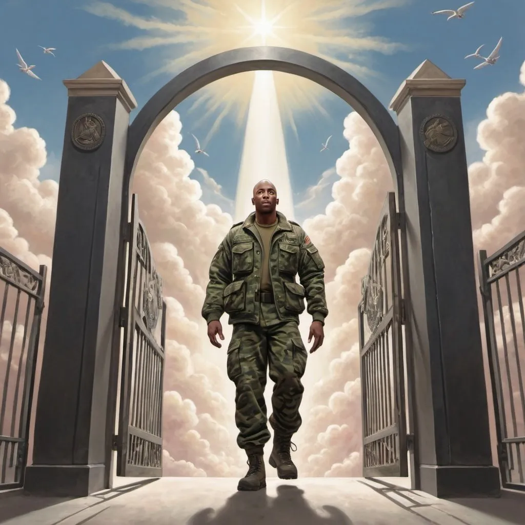 Prompt: A stout, bald, black man wearing army fatigues enters the gates of heaven