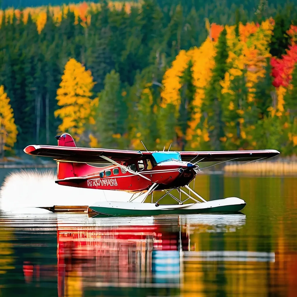 Prompt: beaver float plane on a lake in canada in the fall