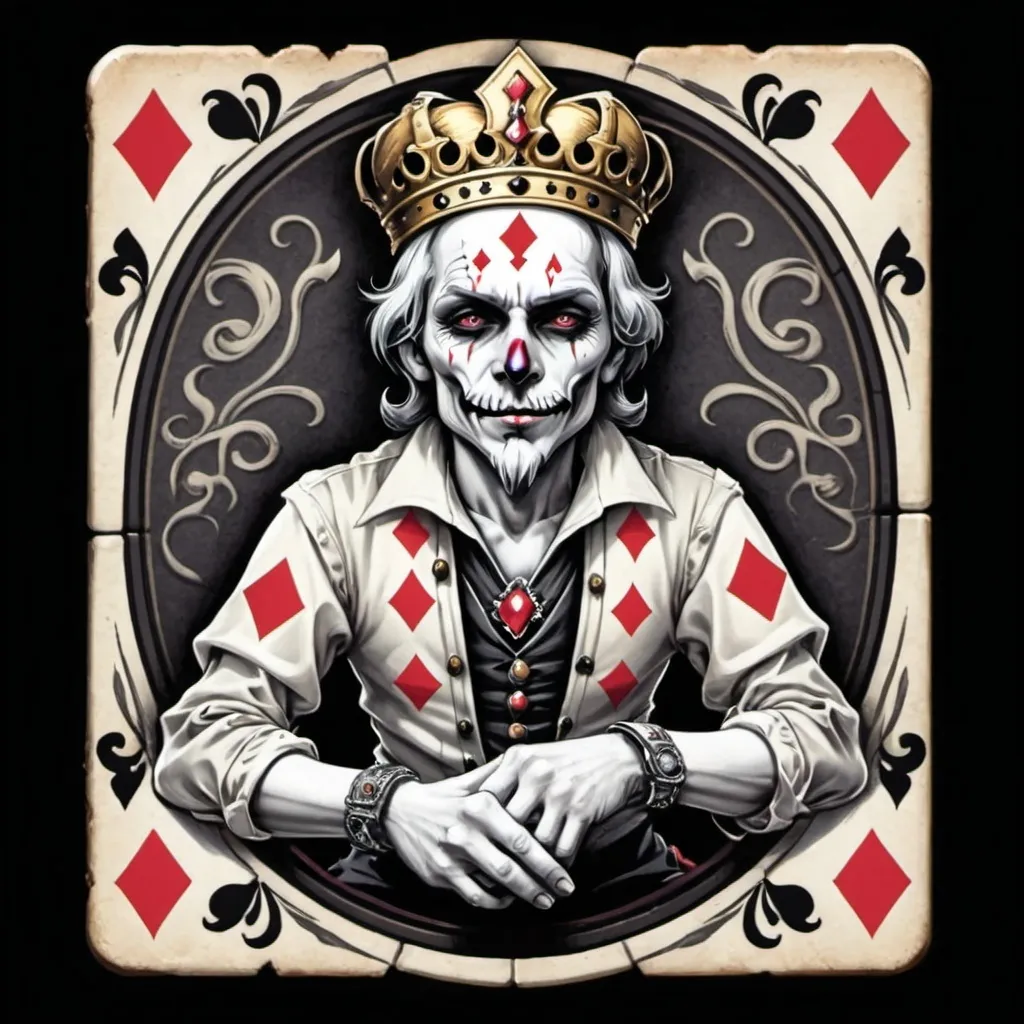 Prompt: Cursed ivory tiles, gambling game, smoky bar 1869, Jester, 4 kings, coup, 5th king, poker-dominos